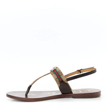 Gucci Original GG Canvas Web Interlocking G Womens Thong Sandals 36.5 Beige Ebony Vert Cocoa 1 of 10