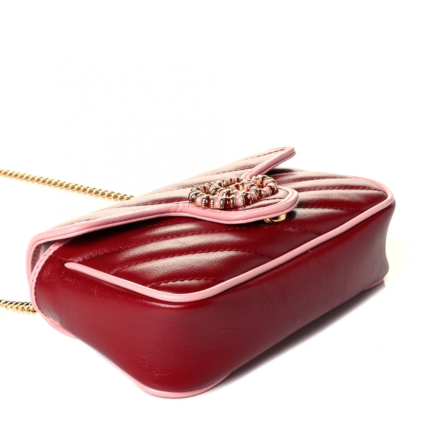 Azalea Calfskin Enamel Matelasse Diagonal Super Mini Torchon GG Marmont Shoulder Bag New Cherry Red Wild Rose