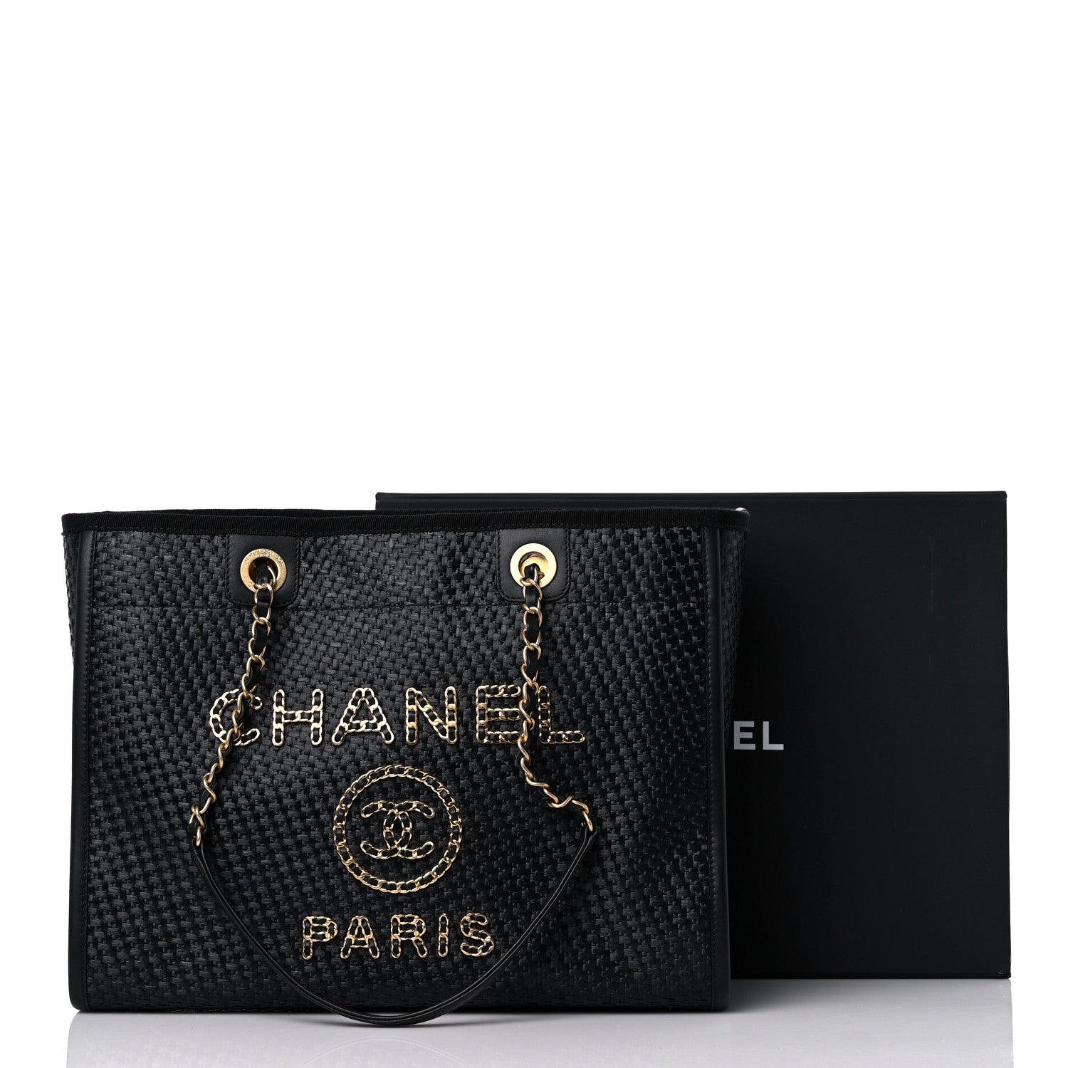 Chanel Straw Raffia Calfskin Chain Small Deauville Tote Black 12 of 12