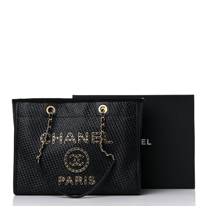 Chanel Straw Raffia Calfskin Chain Small Deauville Tote Black 12 of 12