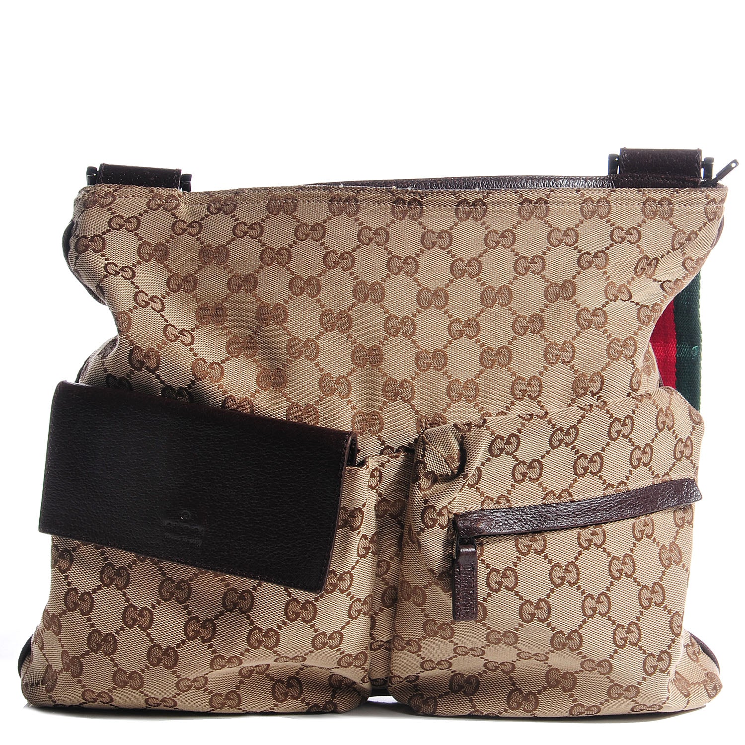 Gucci Monogram Web Medium Double Pocket Messenger Bag Dark Brown 1 of 7