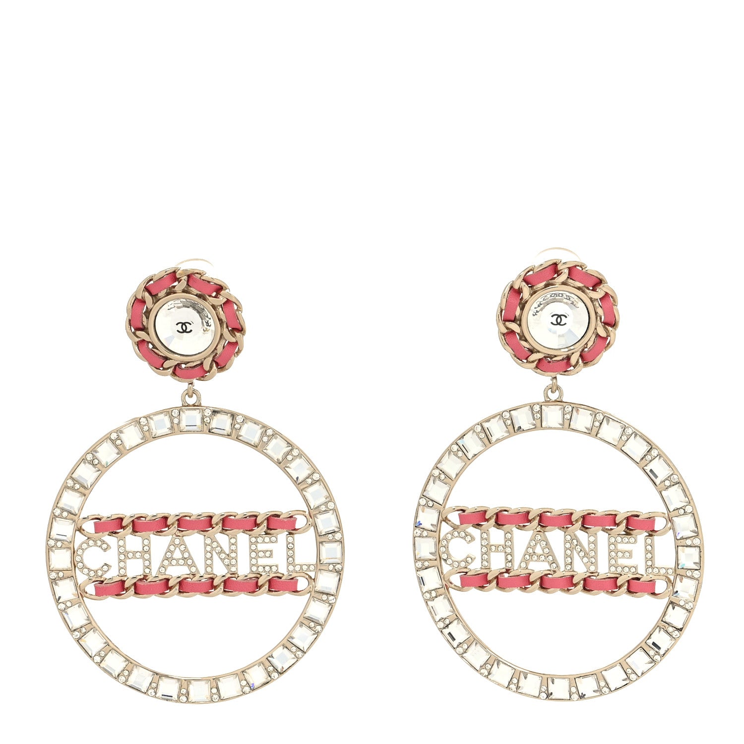 Chanel Crystal Lambskin Chain CC Hoop Clip On Earrings Pink Gold 1 of 4