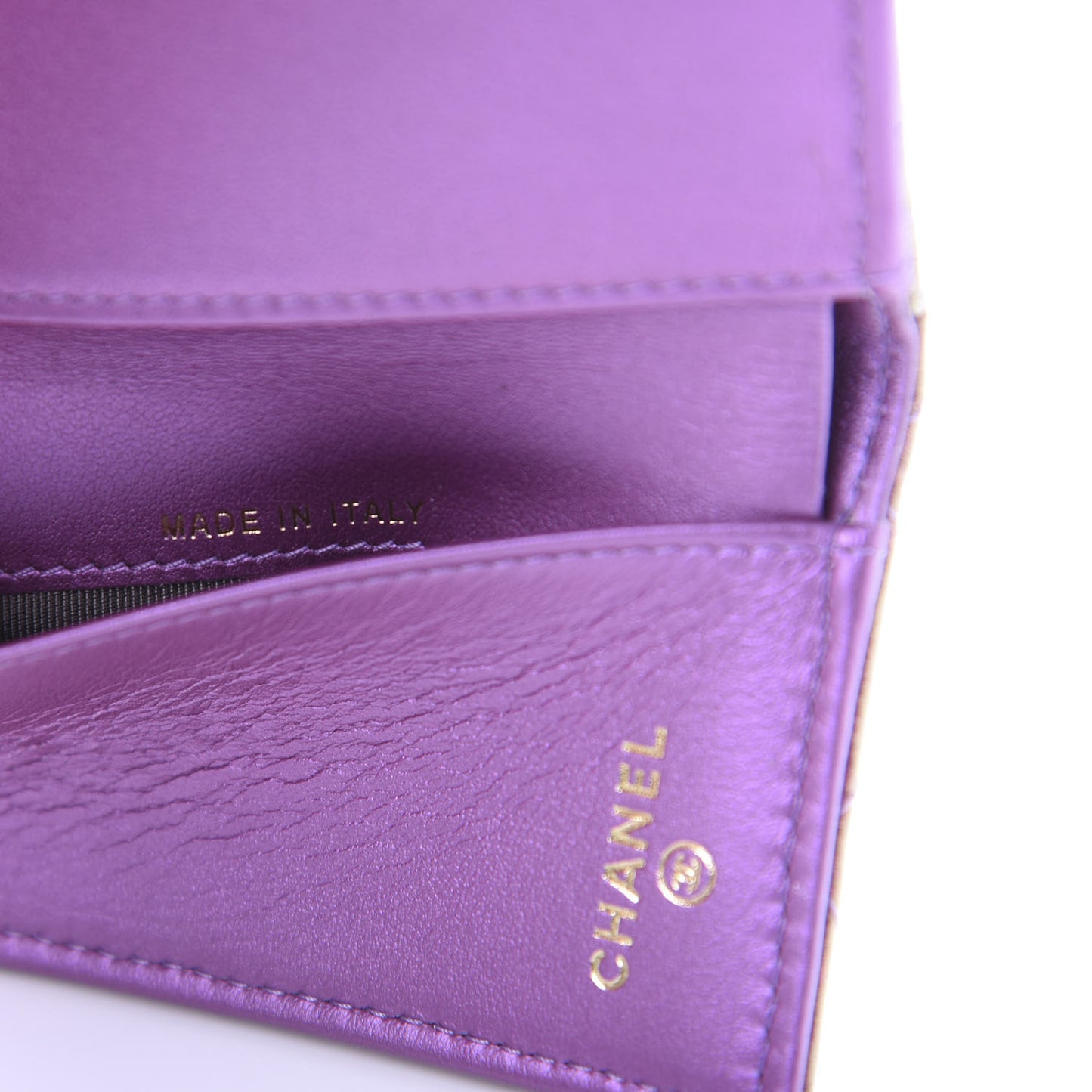 Iridescent Lambskin Small Quilted Flap Wallet Purple