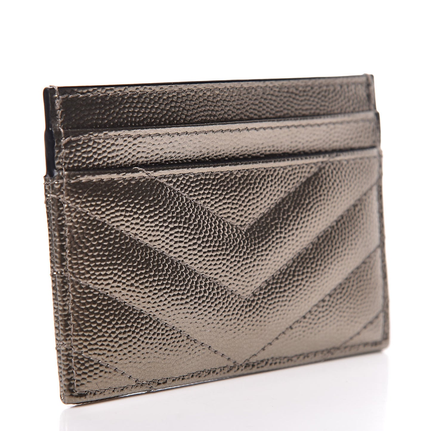Metallic Grain De Poudre Matelasse Chevron Monogram Credit Card Case Pewter