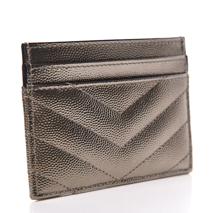 Saint Laurent Metallic Grain De Poudre Matelasse Chevron Monogram Credit Card Case Pewter 3 of 8