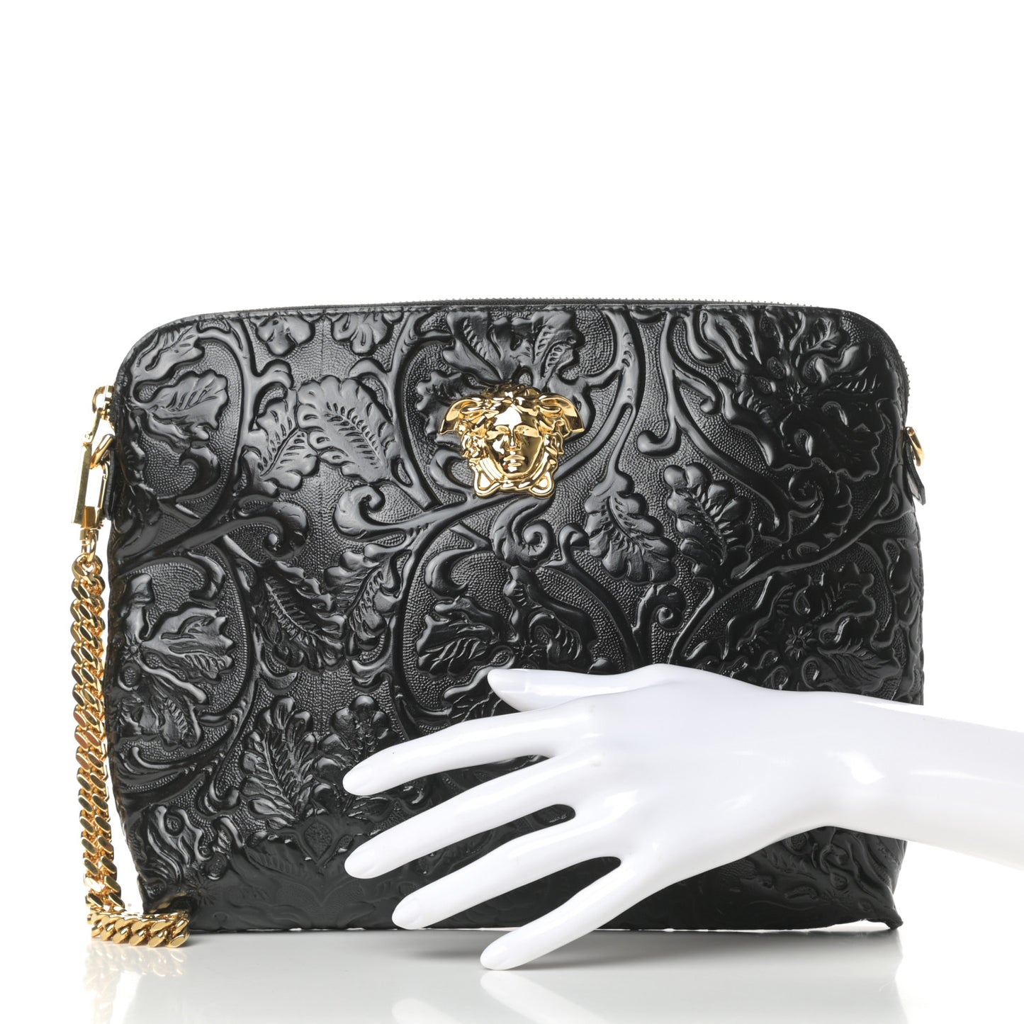 Grained Calfskin Embossed Palazzo Medusa Chain Pouch Black