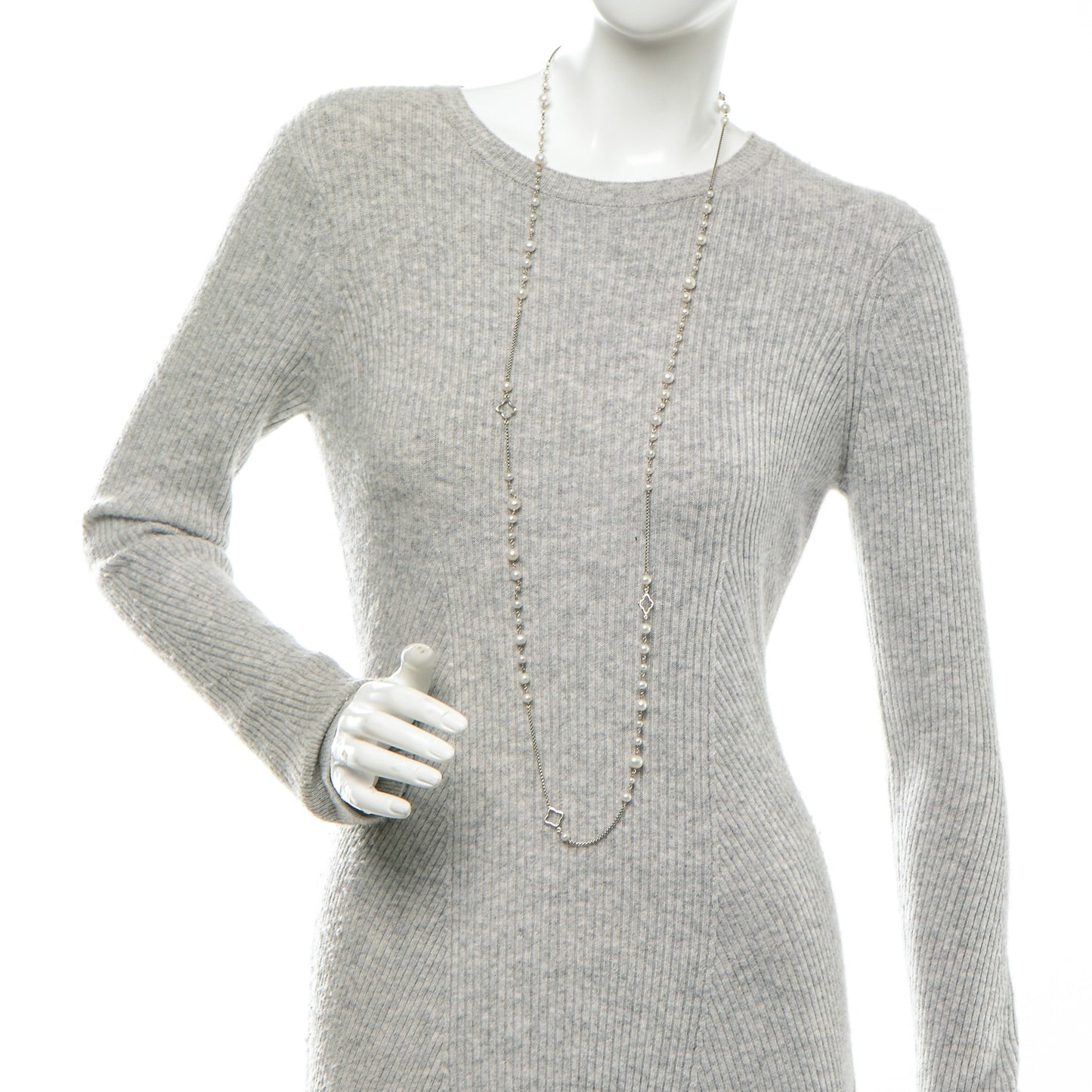 Sterling Silver Pearl 7.5mm Quatrefoil Long Chain Necklace