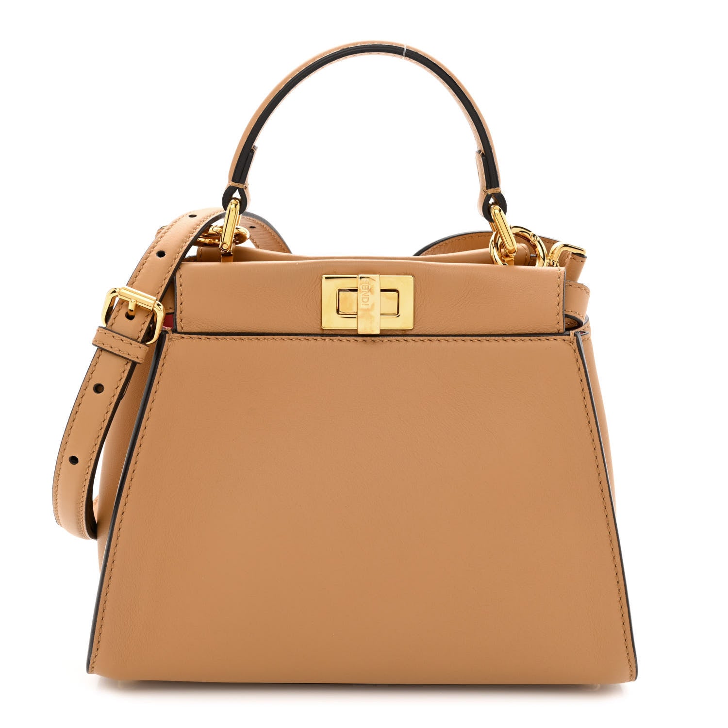 Fendi Vitello Seta Nappa FF Embossed Mini Peekaboo Iconic Satchel Miele Scuro 1 of 12