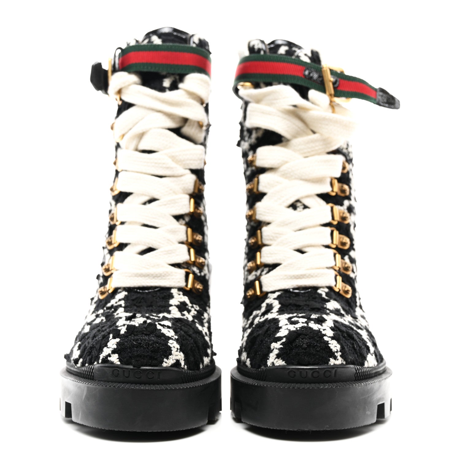 Gucci Tweed GG Monogram Lace Up Combat Ankle Boots 37 Black 2 of 8