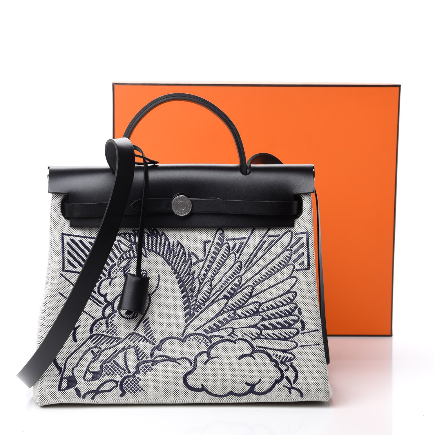 Hermes Vache Hunter Toile H Pegase Pop Herbag Zip Retourne 31 PM Bleu Indigo Ecru Black 11 of 11