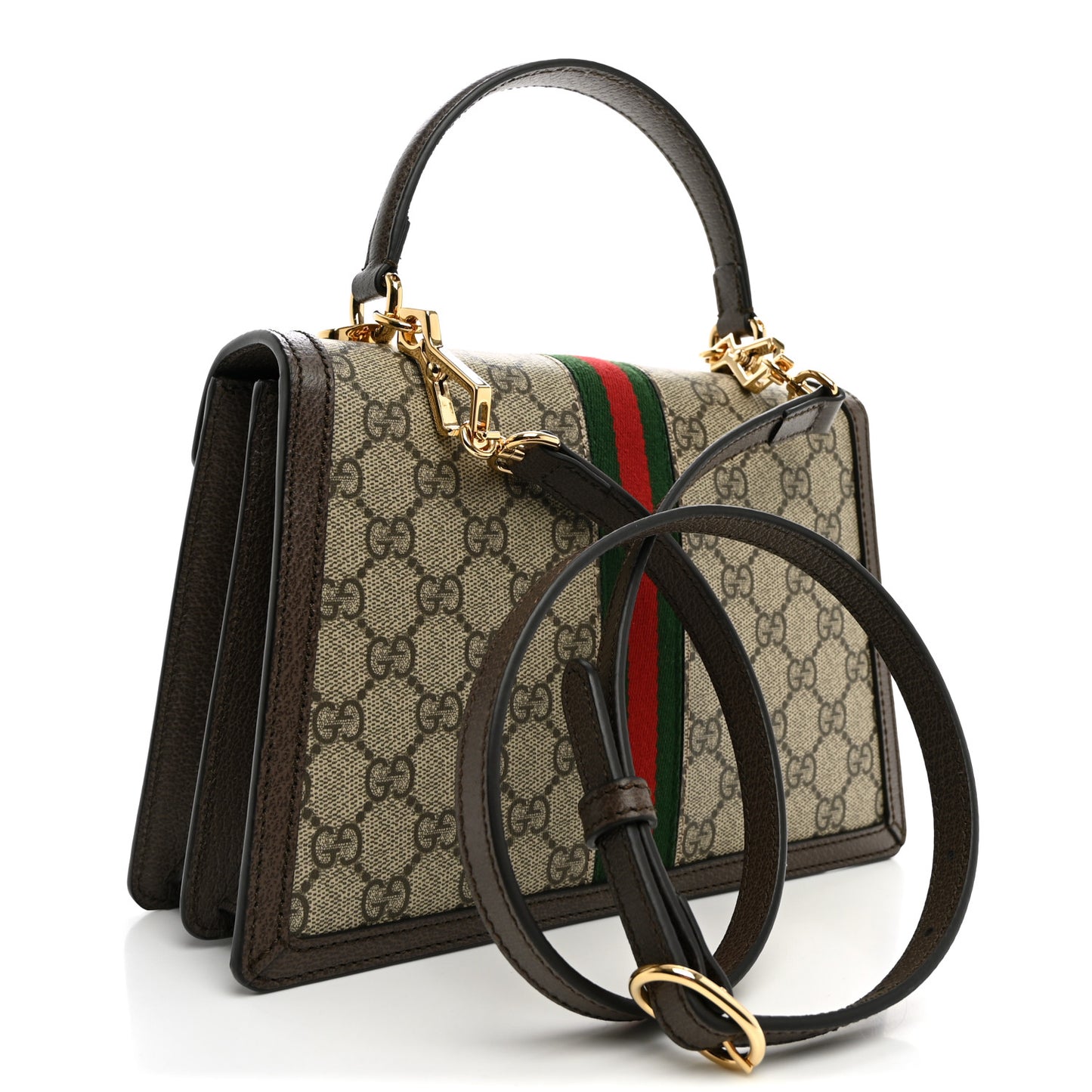 GG Supreme Monogram Textured Dollar Calfskin Web Small Ophidia Padlock Top Handle Bag Beige Ebony New Acero