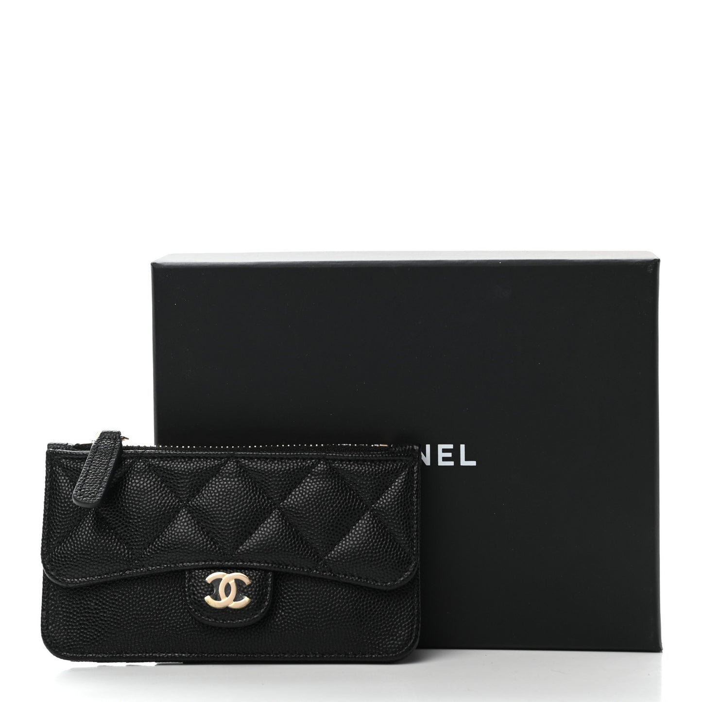 Caviar Quilted Flap Zip Card Holder Black