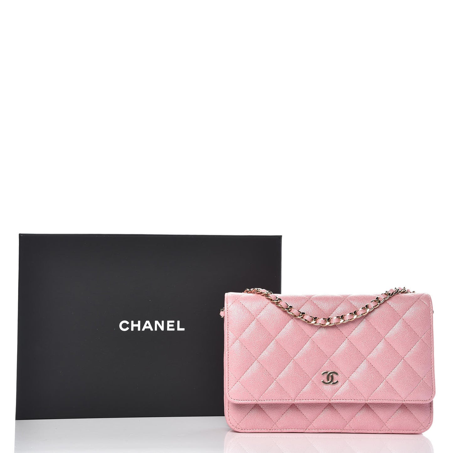 Iridescent Caviar Quilted Wallet on Chain WOC Rose Pink