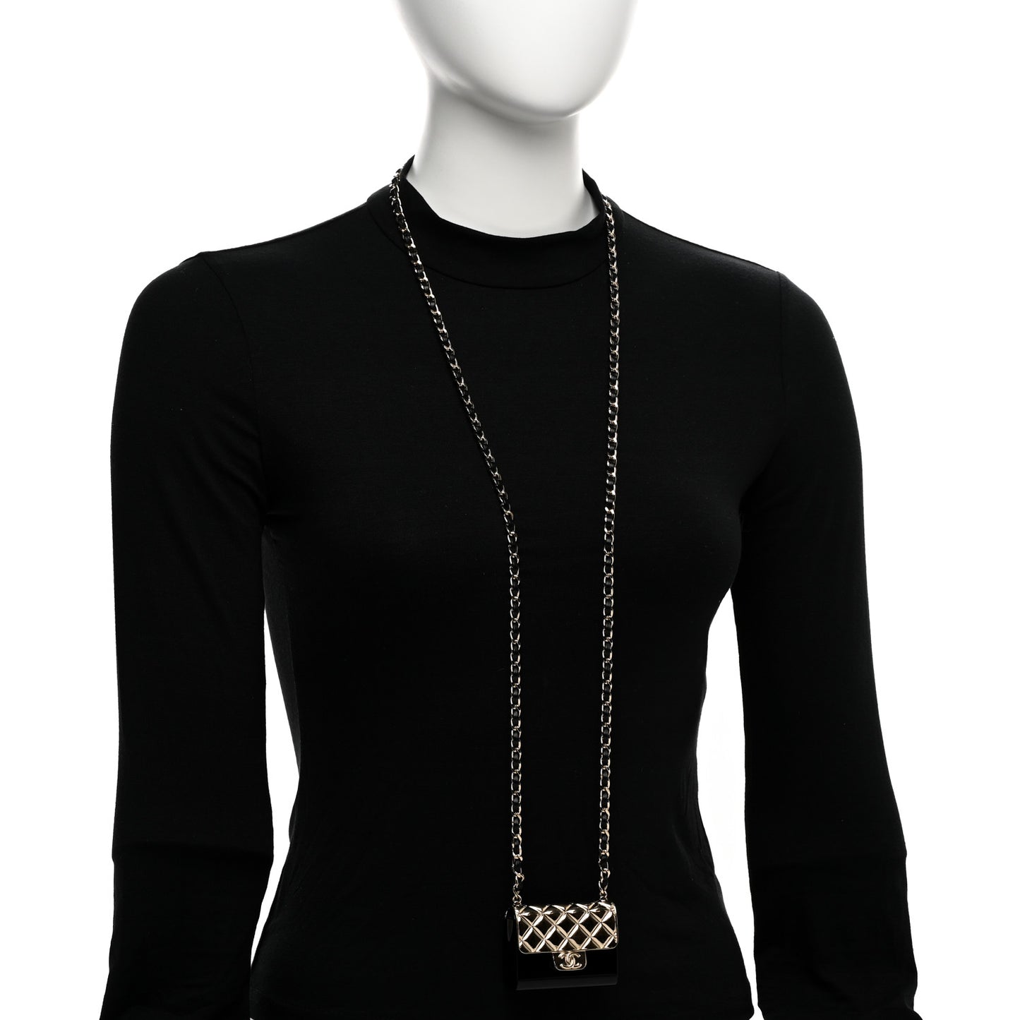 Metal Resin Lambskin Flap Bag Long Necklace Gold Black