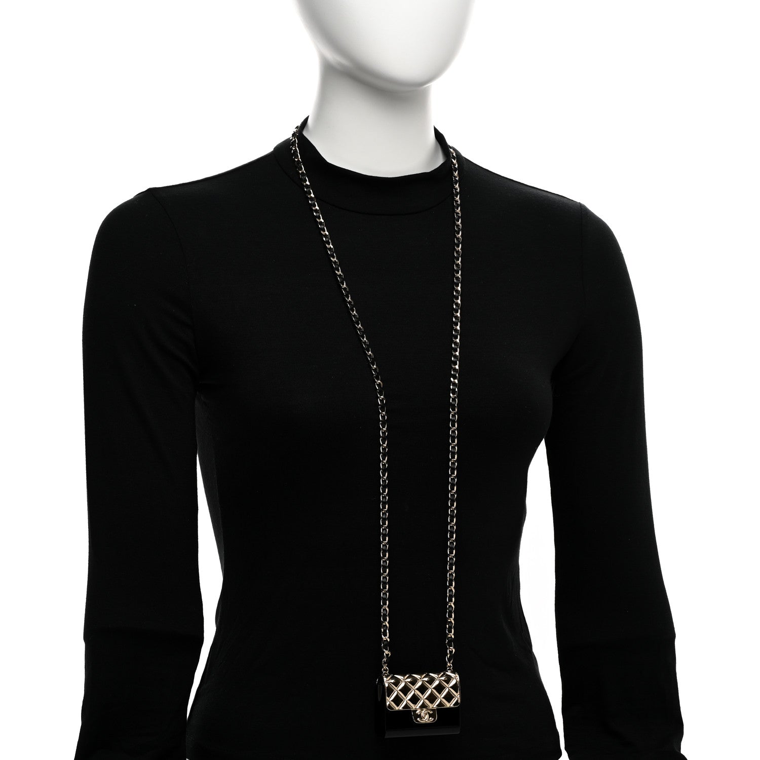 Chanel Metal Resin Lambskin Flap Bag Long Necklace Gold Black 2 of 6