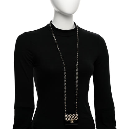 Chanel Metal Resin Lambskin Flap Bag Long Necklace Gold Black 2 of 6