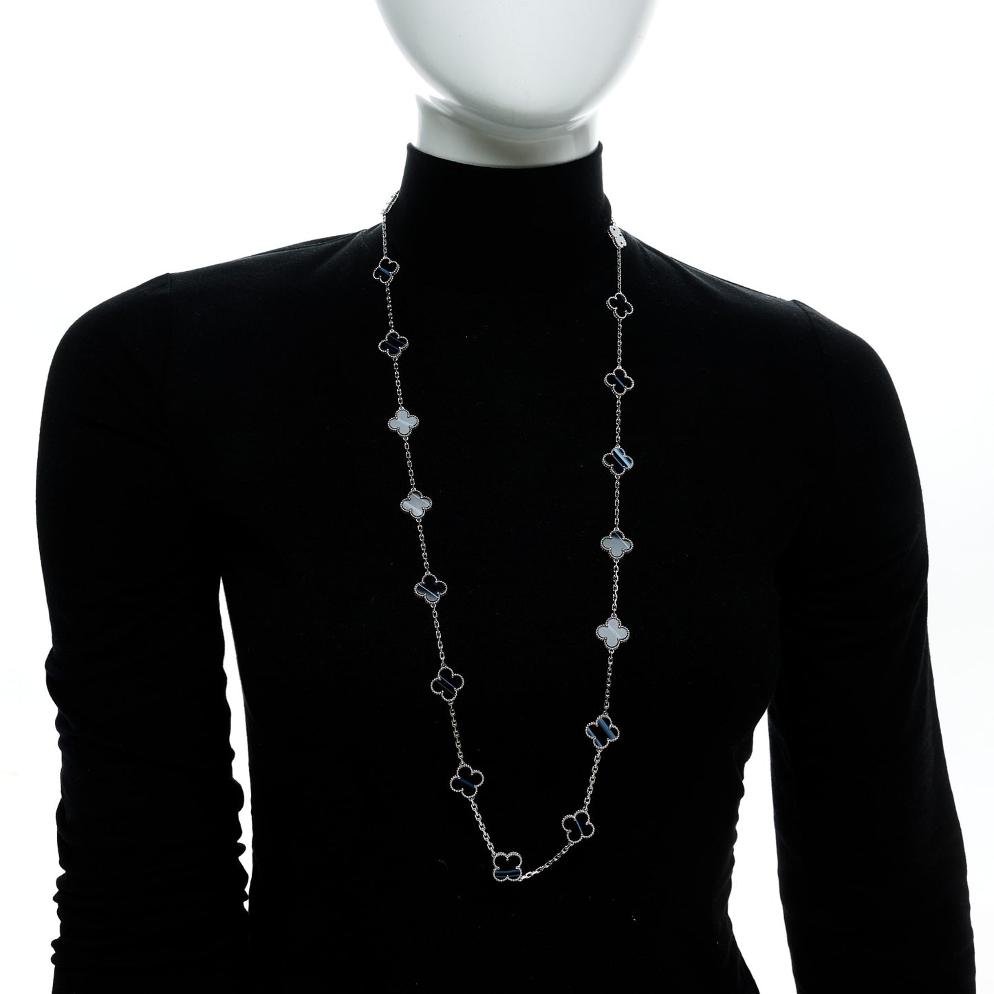 18K White Gold Veined Black Onyx 20 Motifs Vintage Alhambra Necklace
