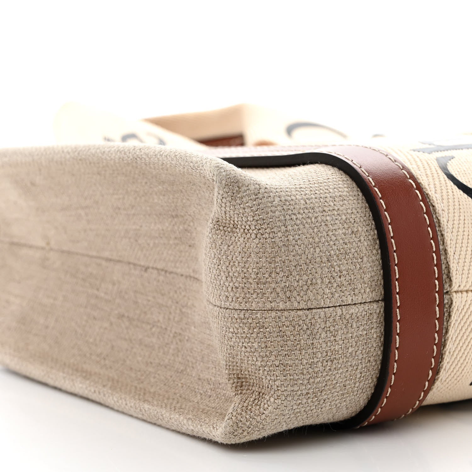 Chloe Linen Calfskin Small Woody Ribbon Tote With Strap White Brown 9 of 14
