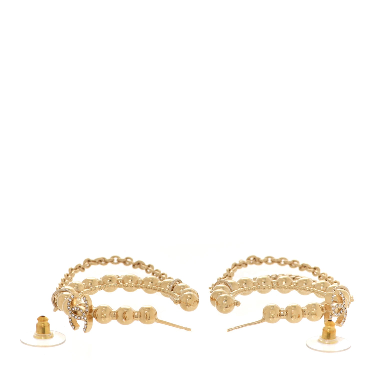 Chanel Metal Crystal Bead Chain CC Hoop Earrings Gold 3 of 5