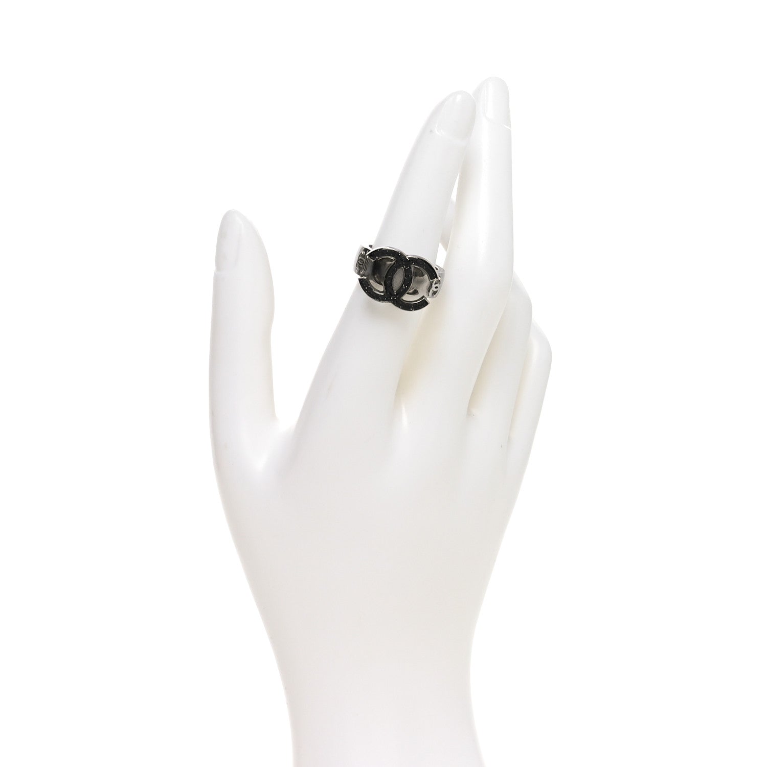 Chanel Glitter Enamel CC Ring 52 6 Black Silver 2 of 4