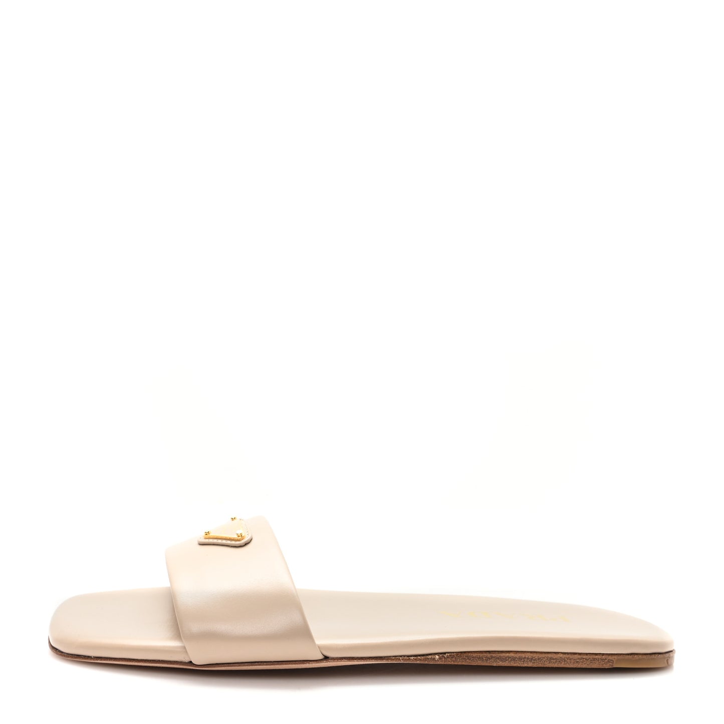 Nappa Metal Triangle Logo Flat Slide Sandals 35 Travertino