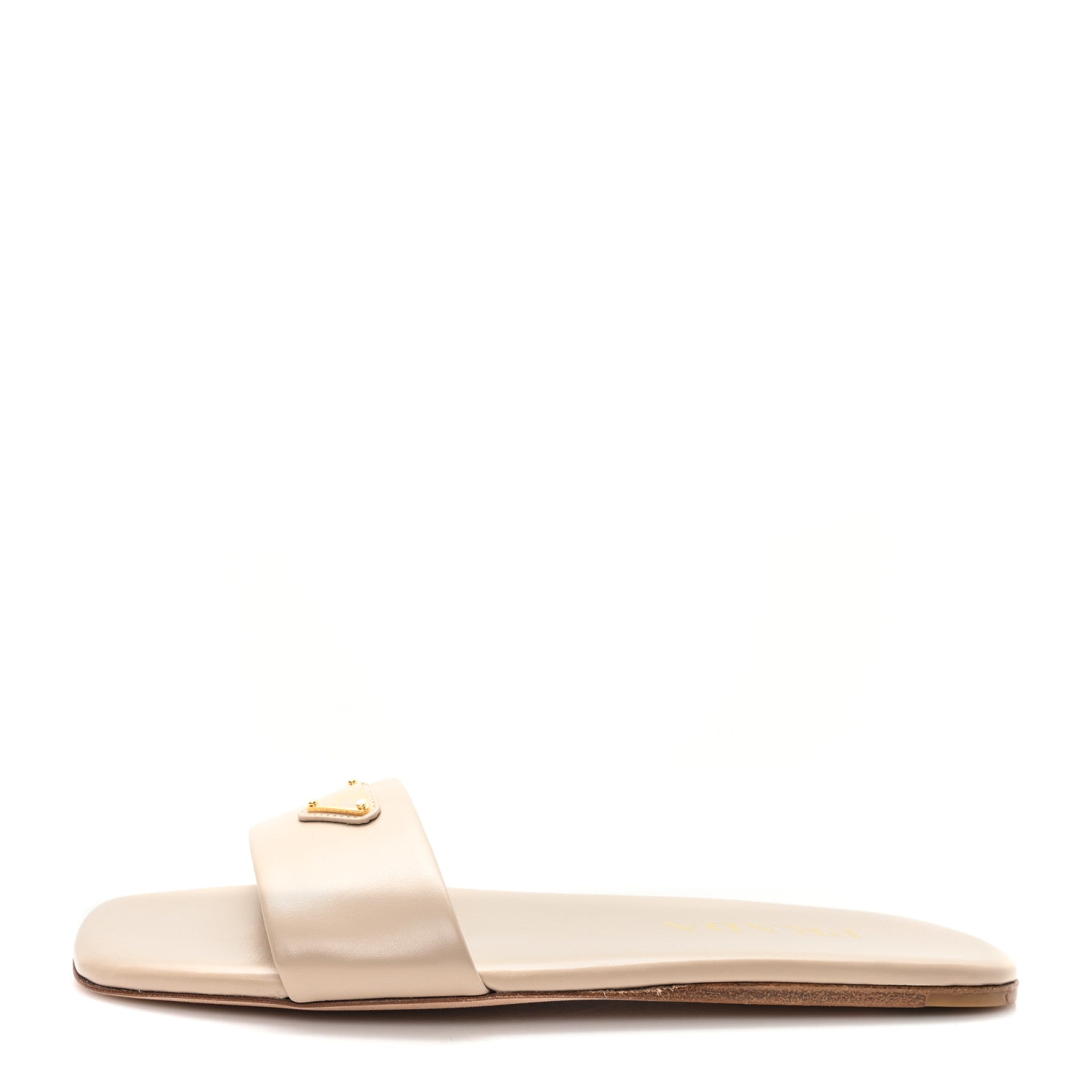 Prada Nappa Metal Triangle Logo Flat Slide Sandals 35 Travertino 1 of 9
