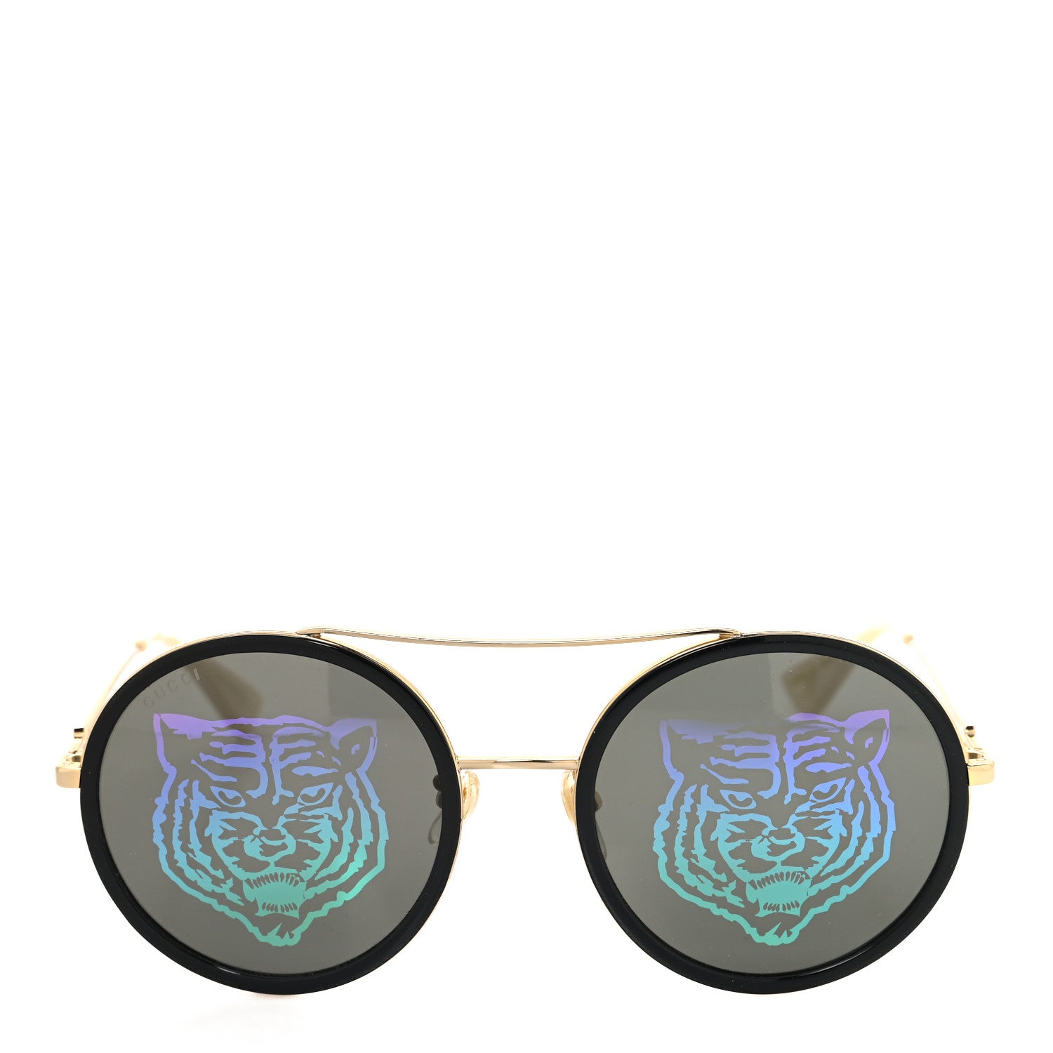 Gucci Metal Round Frame Tiger Print Sunglasses GG0061S Gold 2 of 7