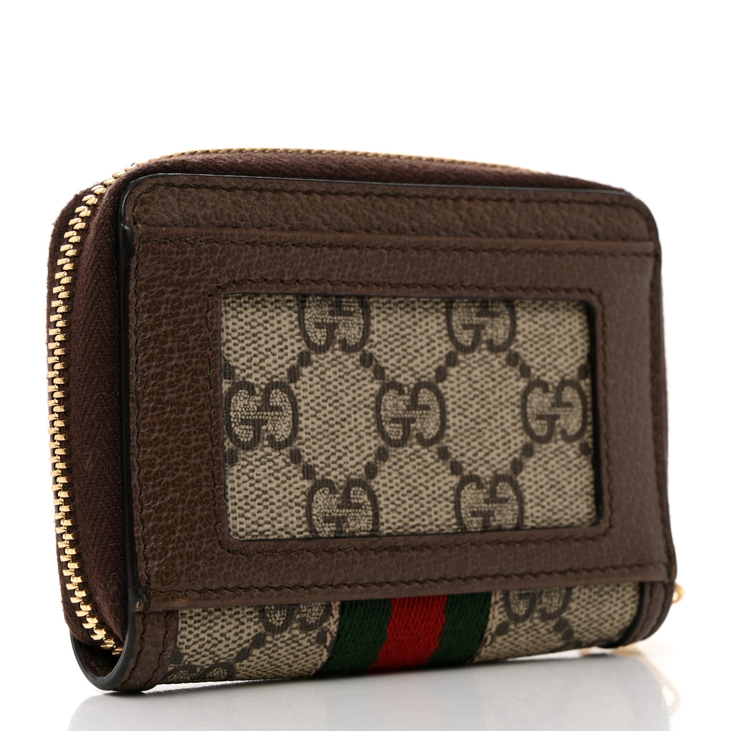 GG Supreme Monogram Textured Dollar Calfskin Web Ophidia Zip Around Card Case Wallet Beige Ebony New Acero