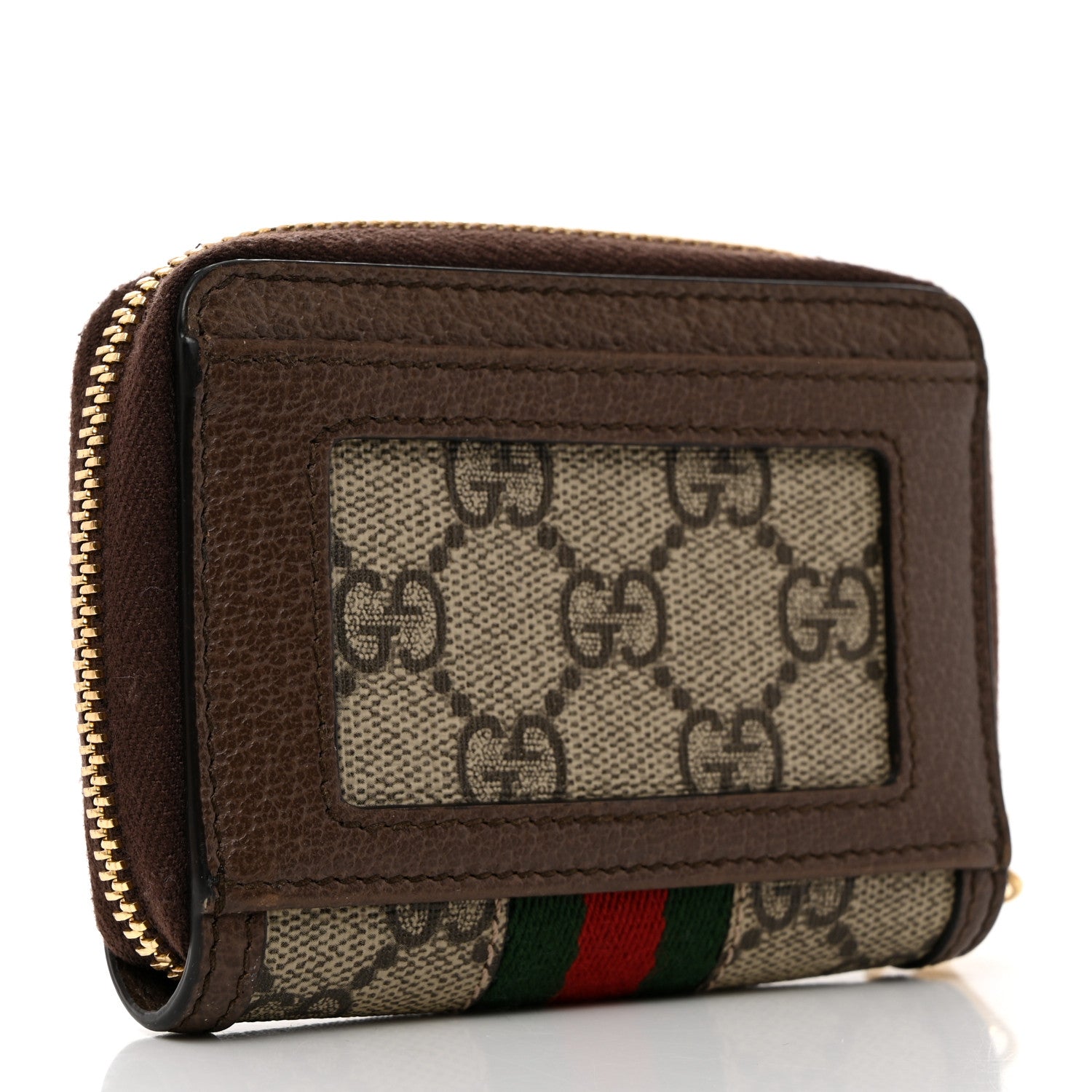 Gucci GG Supreme Monogram Textured Dollar Calfskin Web Ophidia Zip Around Card Case Wallet Beige Ebony New Acero 3 of 7