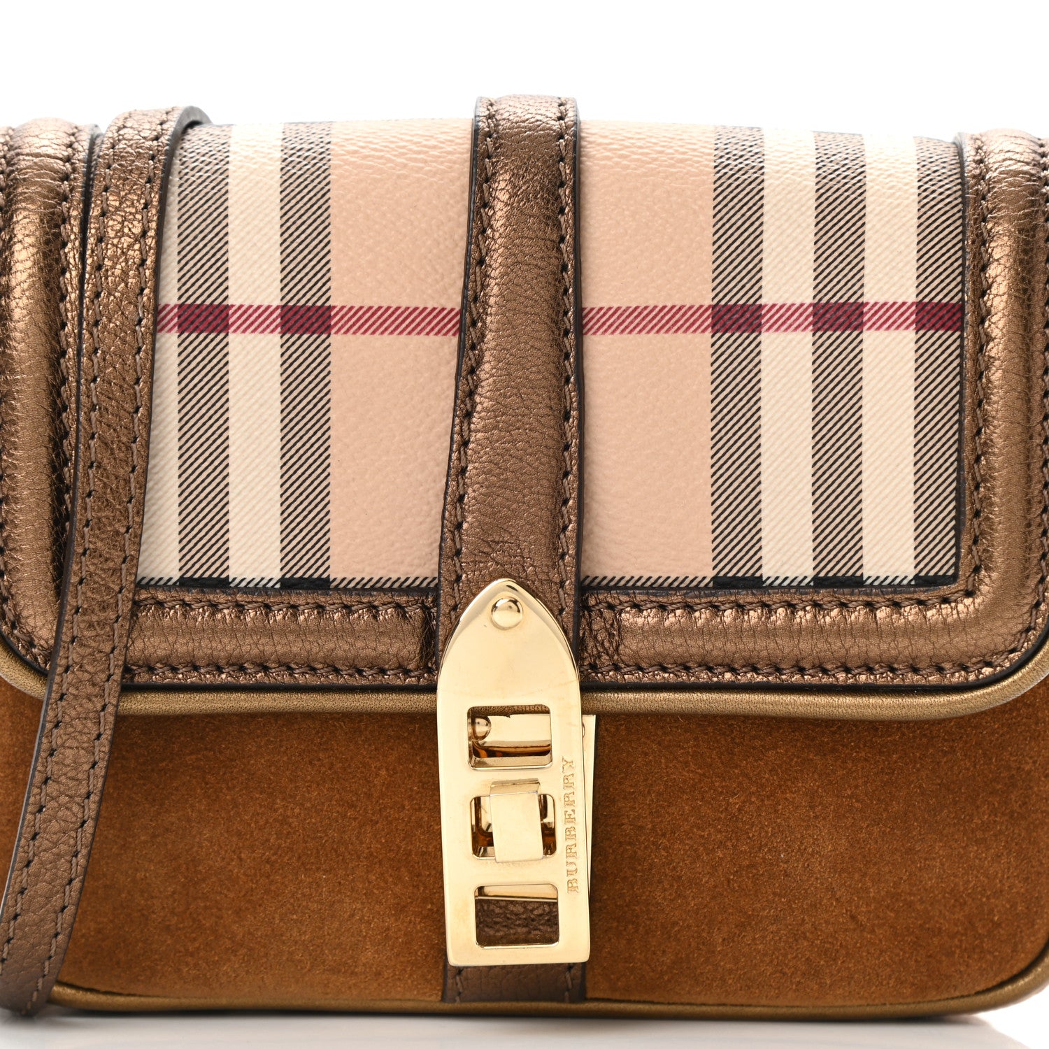 Burberry Metallic Suede Haymarket Check Mini Berkeley Crossbody Antique Gold 7 of 9