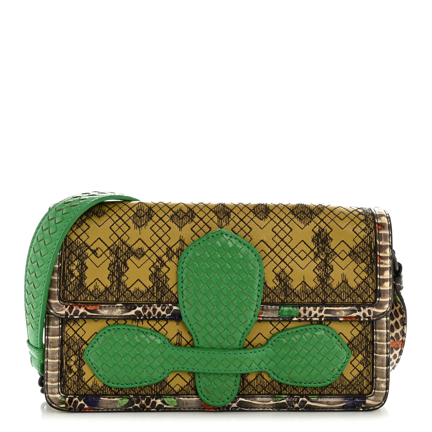 Lambskin Snakeskin Irish Madras Intrecciato Rialto Shoulder Bag Brown Green Multicolor