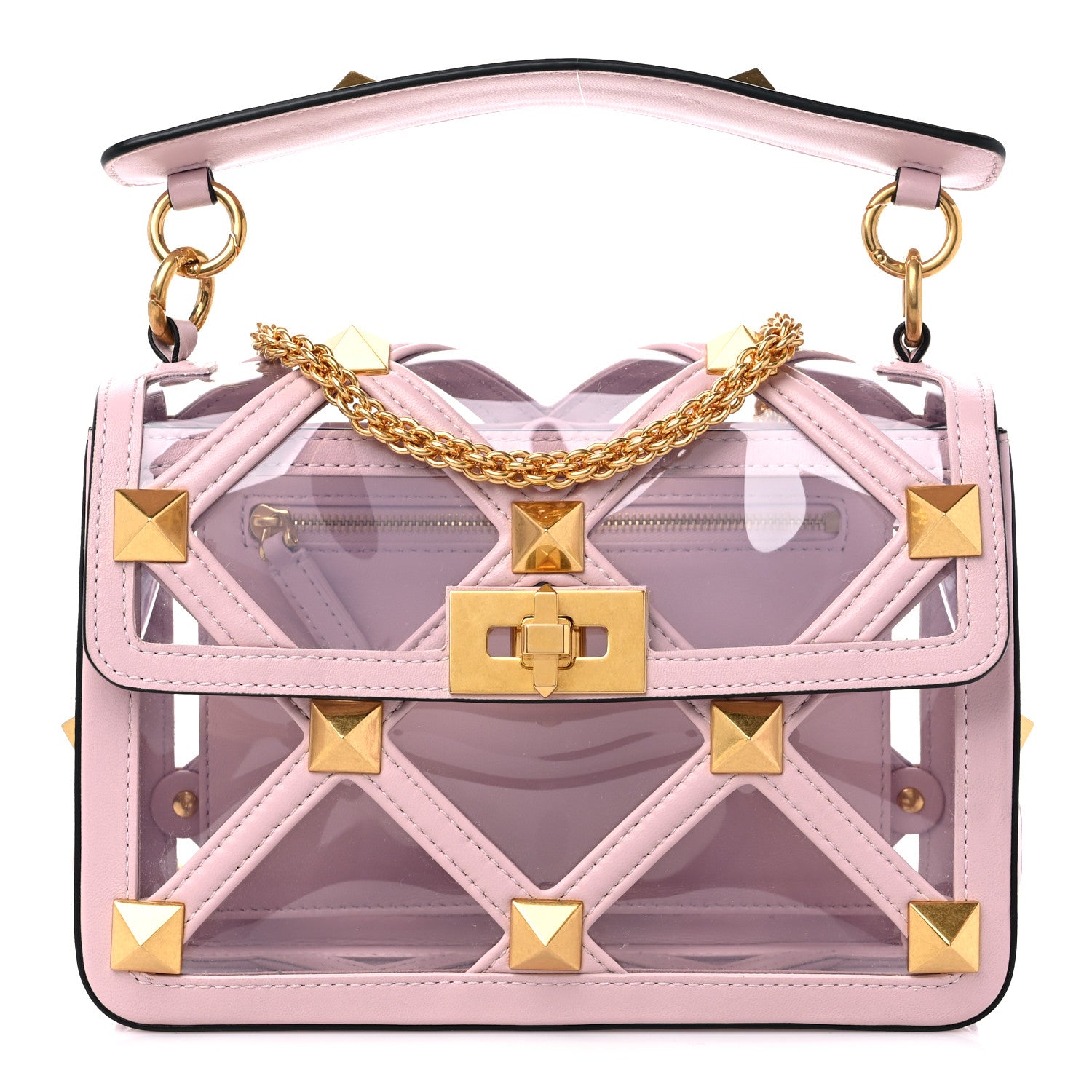 Valentino Garavani PVC Calfskin Medium Roman Stud Shoulder Bag Transparent Rose Quartz 1 of 8