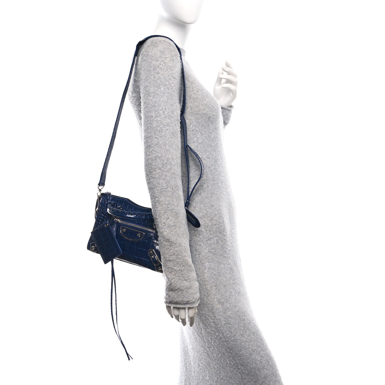 Balenciaga Shiny Supple Calfskin Crocodile Embossed Silver Metallic Edge Hardware Mini City Navy 2 of 11