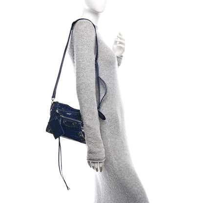 Balenciaga Shiny Supple Calfskin Crocodile Embossed Silver Metallic Edge Hardware Mini City Navy 2 of 11