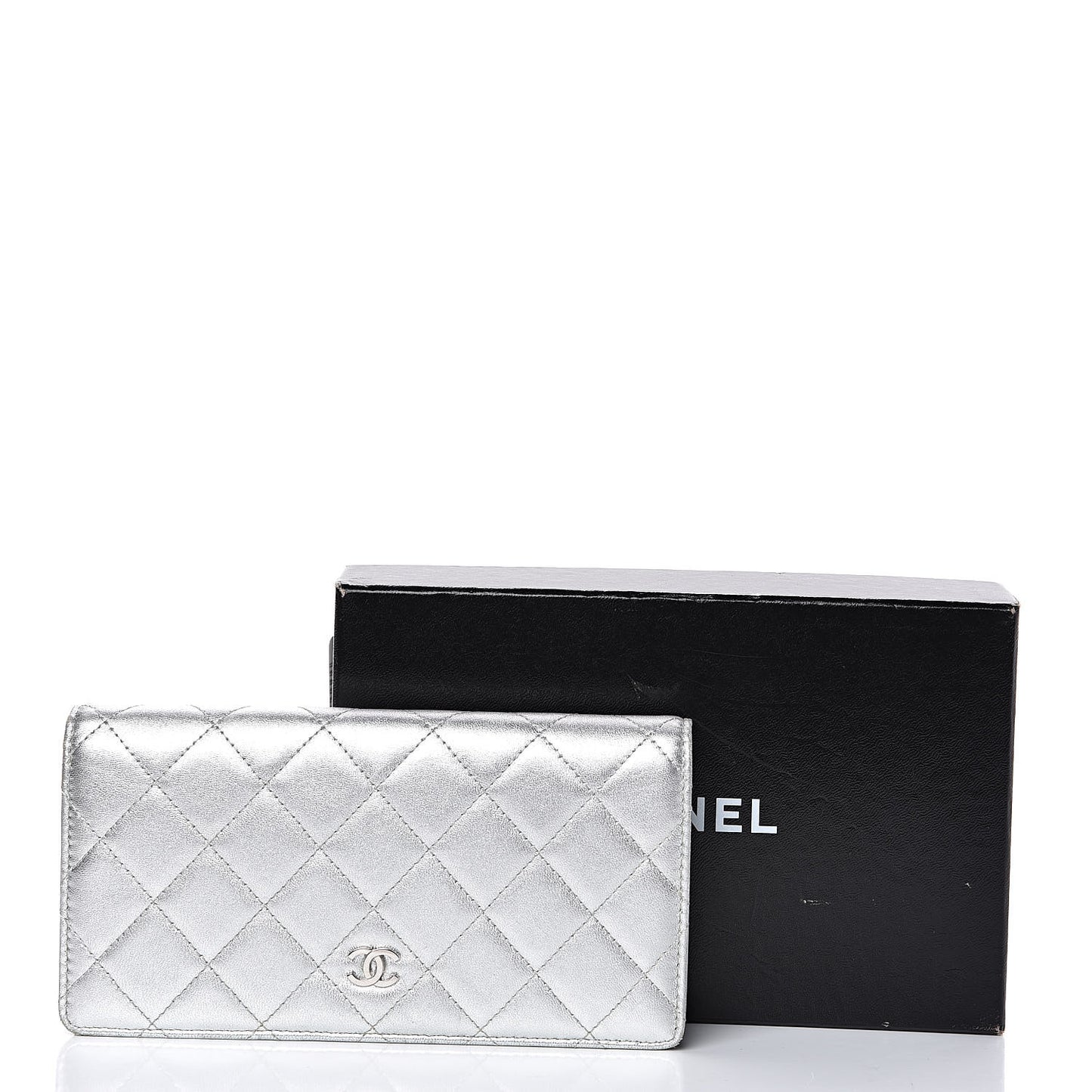 Metallic Calfskin Quilted Yen Wallet Dark Silver