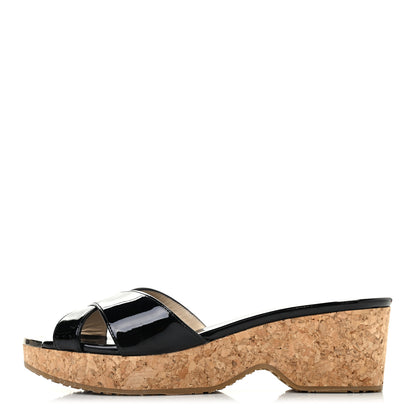 Jimmy Choo Patent Prima Cork Wedge Sandals 38 Black 1 of 8