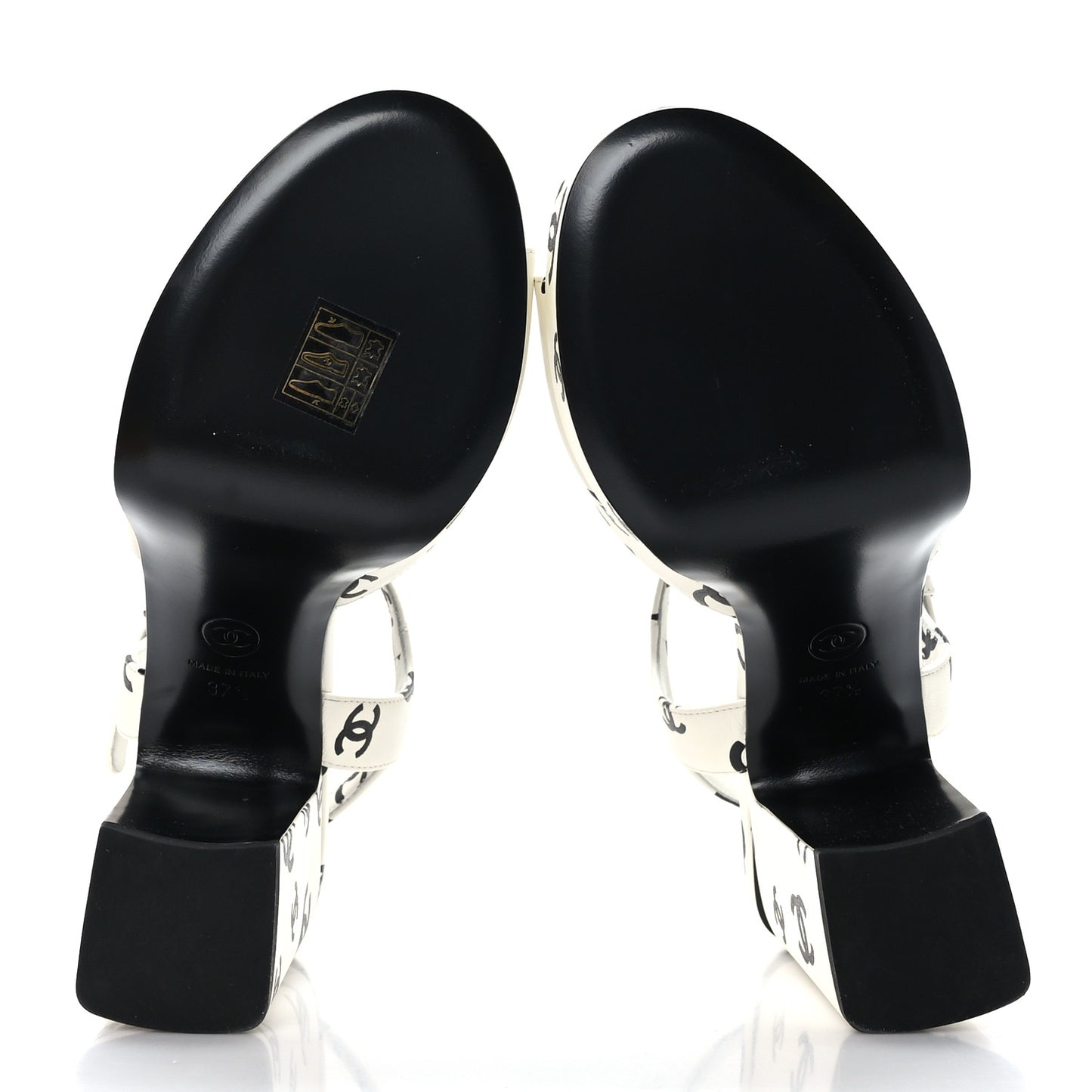 Printed Lambskin CC Platform Sandals 37.5 White Black