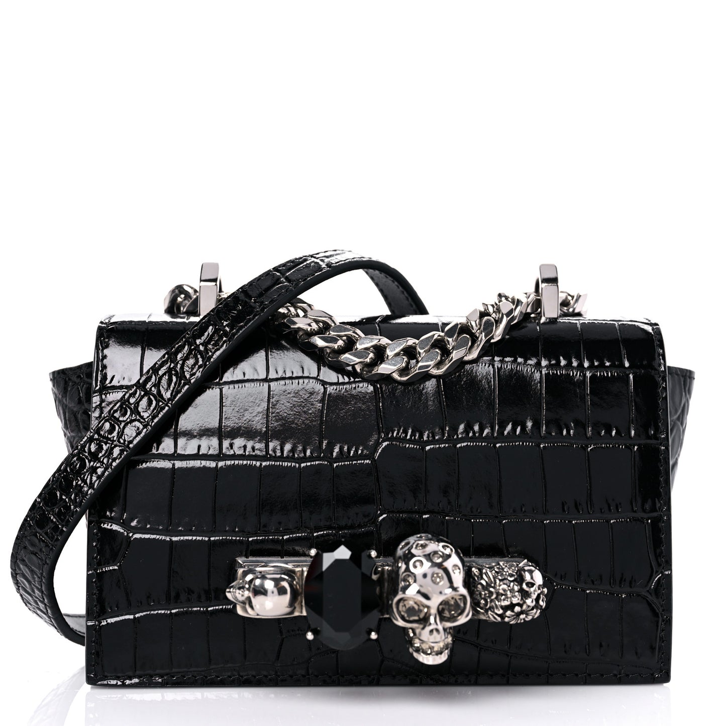Shiny Crocodile Embossed Jeweled Satchel Black