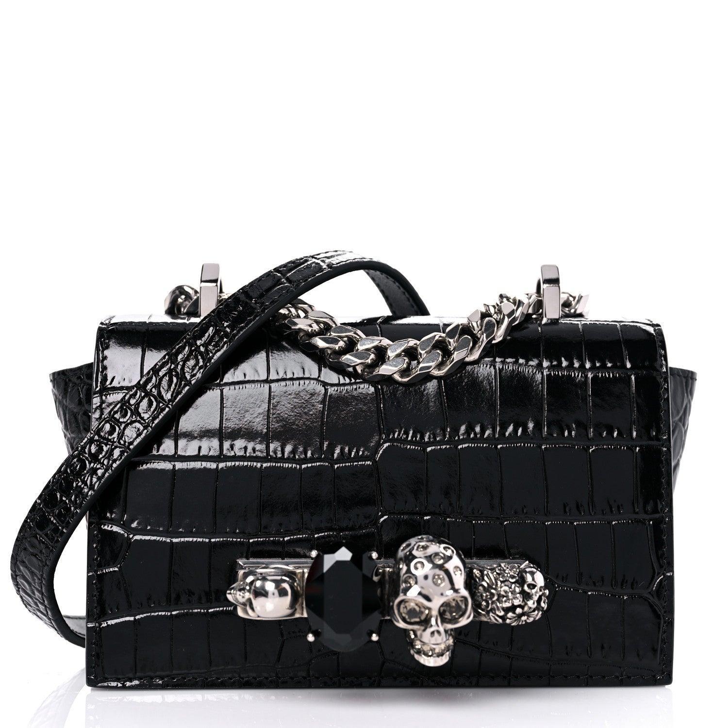 Alexander McQueen Shiny Crocodile Embossed Jeweled Satchel Black 1 of 11