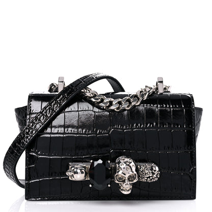 Alexander McQueen Shiny Crocodile Embossed Jeweled Satchel Black 1 of 11