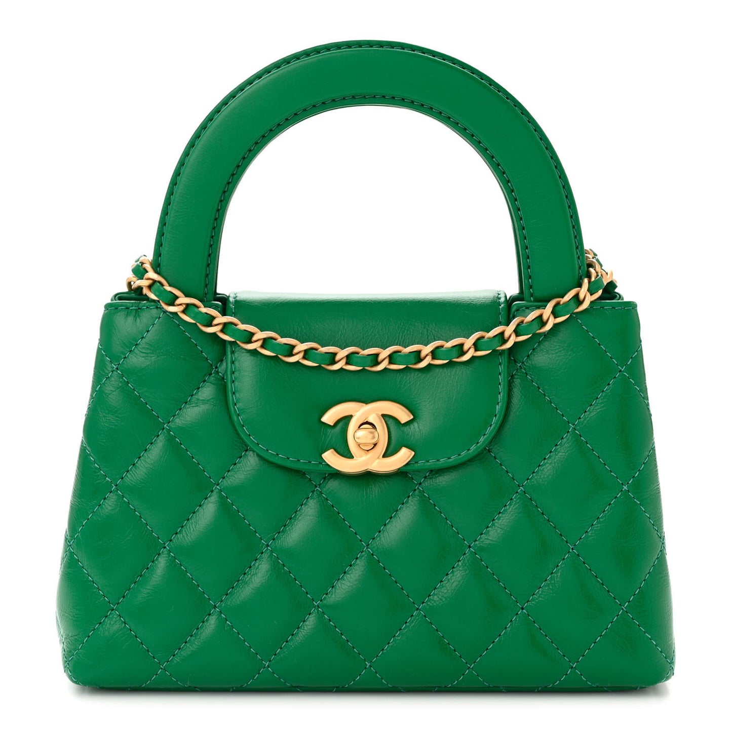 Shiny Aged Calfskin Quilted Nano Kelly Shopper Green