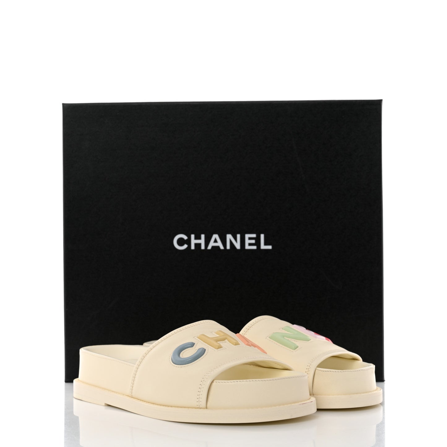 Lambskin Cha-Nel Mule Sandals 36.5 Ivory Multicolor