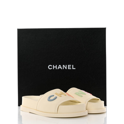 Chanel Lambskin Cha-Nel Mule Sandals 36.5 Ivory Multicolor 9 of 9