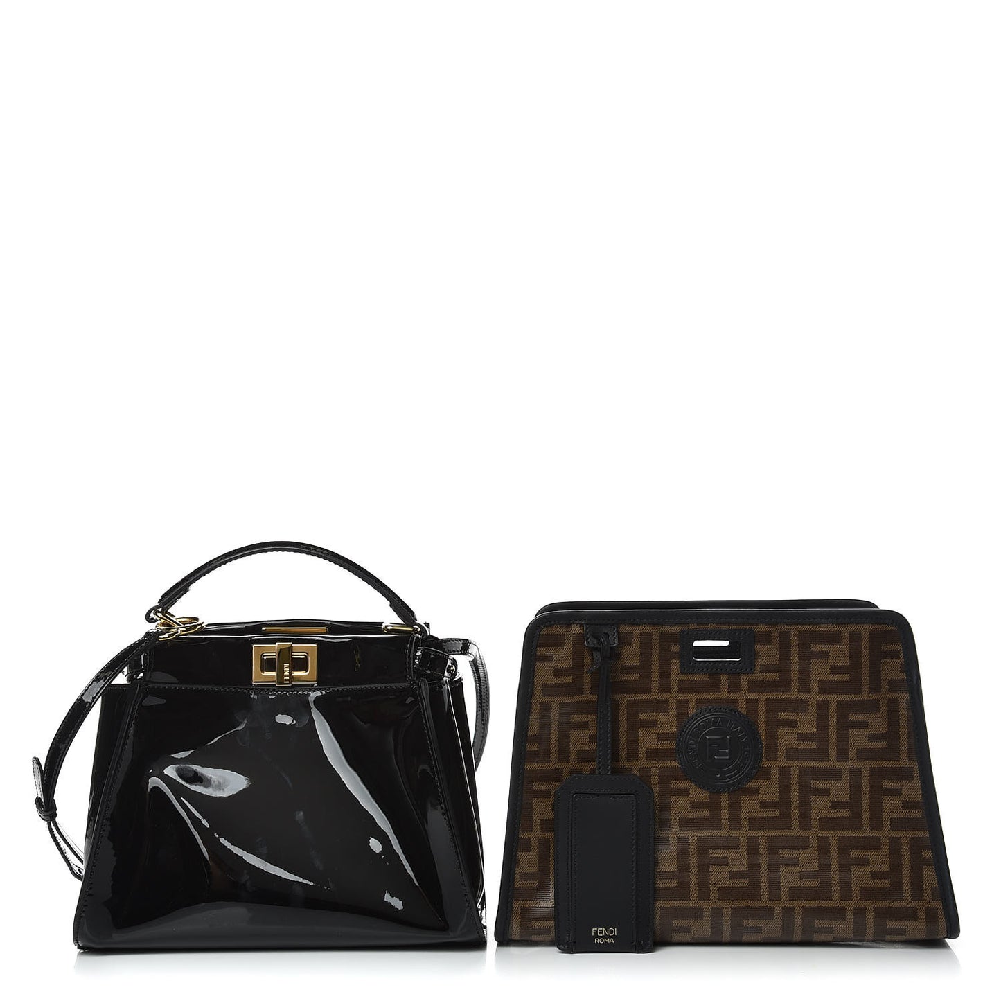 Patent Glazed Fabric Vitello Century FF 1974 Stamp Patch Mini Peekaboo Iconic Satchel with FF Defender Cover Black Mogano Panna