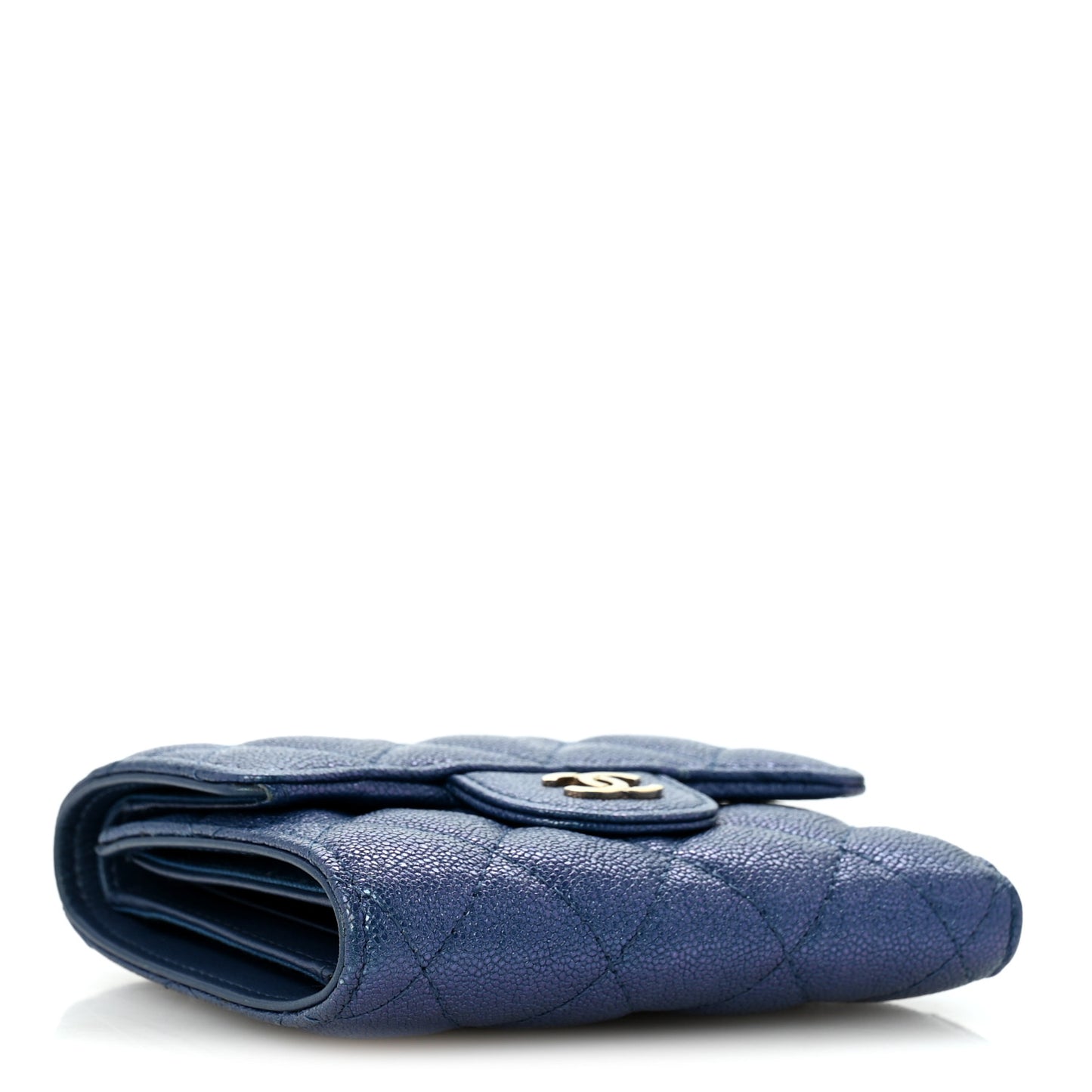 Iridescent Caviar Flap Quilted Card Holder Wallet Dark Blue