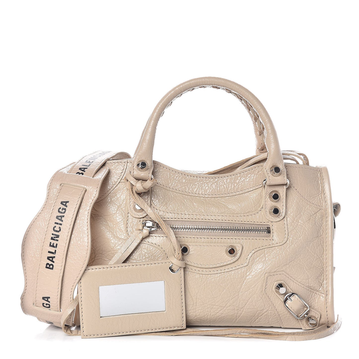 Agneau Classic Silver Hardware Mini City Logo Strap Beige Tapioca