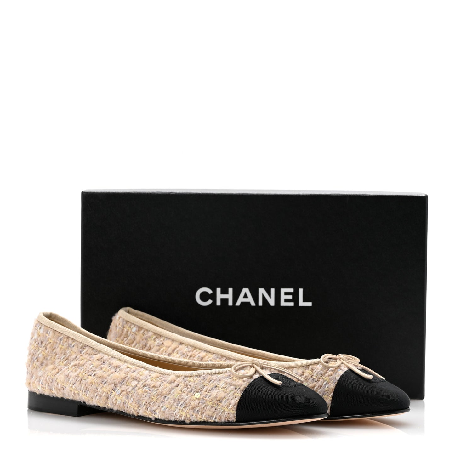 Glittered Tweed Sequin Grosgrain Cap Toe Ballet Flats 41 Beige Light Yellow Ecru Black