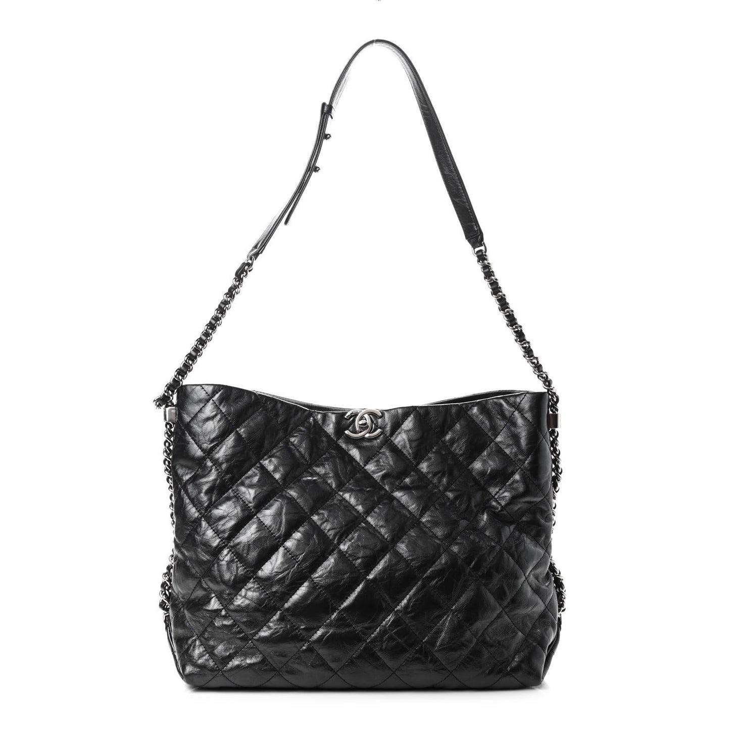 Metallic Crackled Calfskin Quilted Medium Big Bang Hobo Black