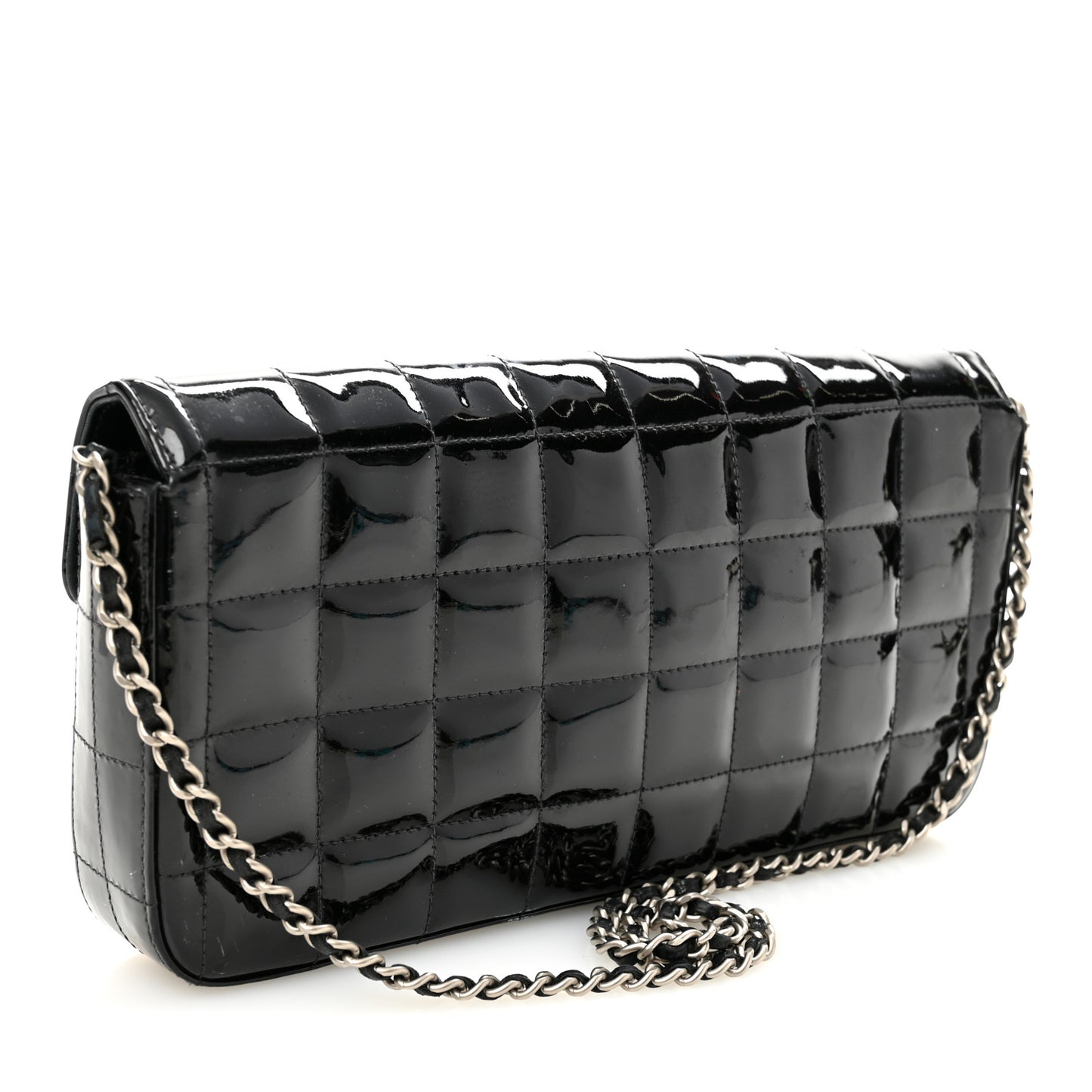 Patent Quilted East West Chocolate Bar Flap Black