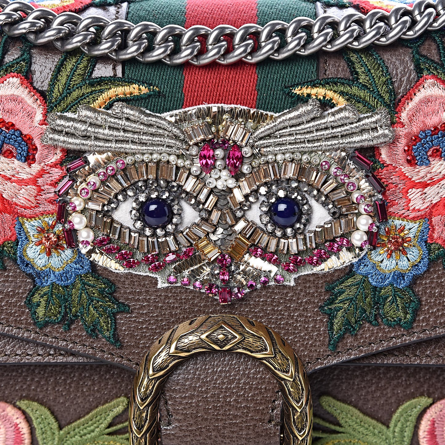 Calfskin Web Owl Embroidered Medium Dionysus Shoulder Bag New Acero Multicolor